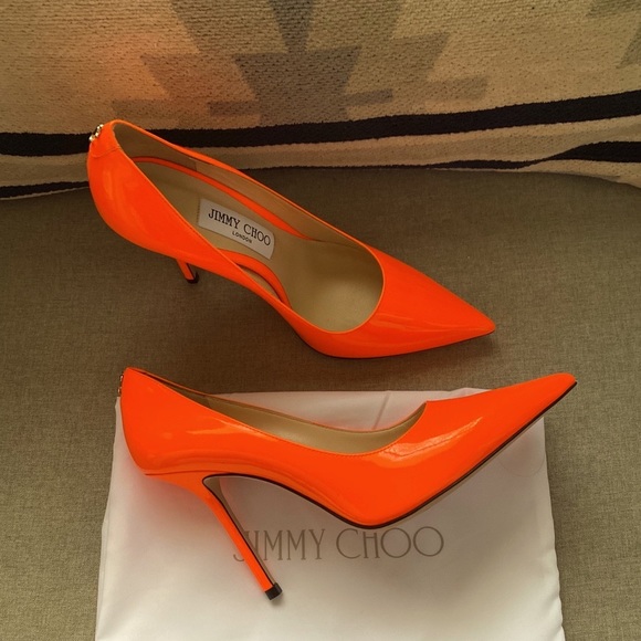 Jimmy Choo Shoes - Jimmy Choo Love 100 heels Logo neon orange NWT